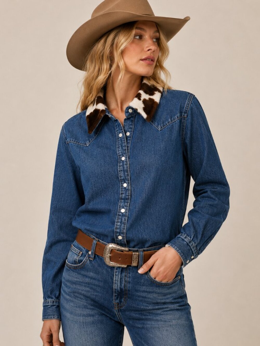 Vintage Bill Blass Jeans Denim Shirt Womens M Pearl Snap Cow Print Western